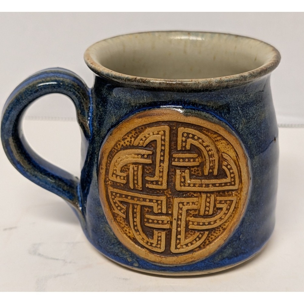 Studio Art Pottery Coffee / Tea Mug Handcrafted Celtic Knot Relief Blue 10 oz